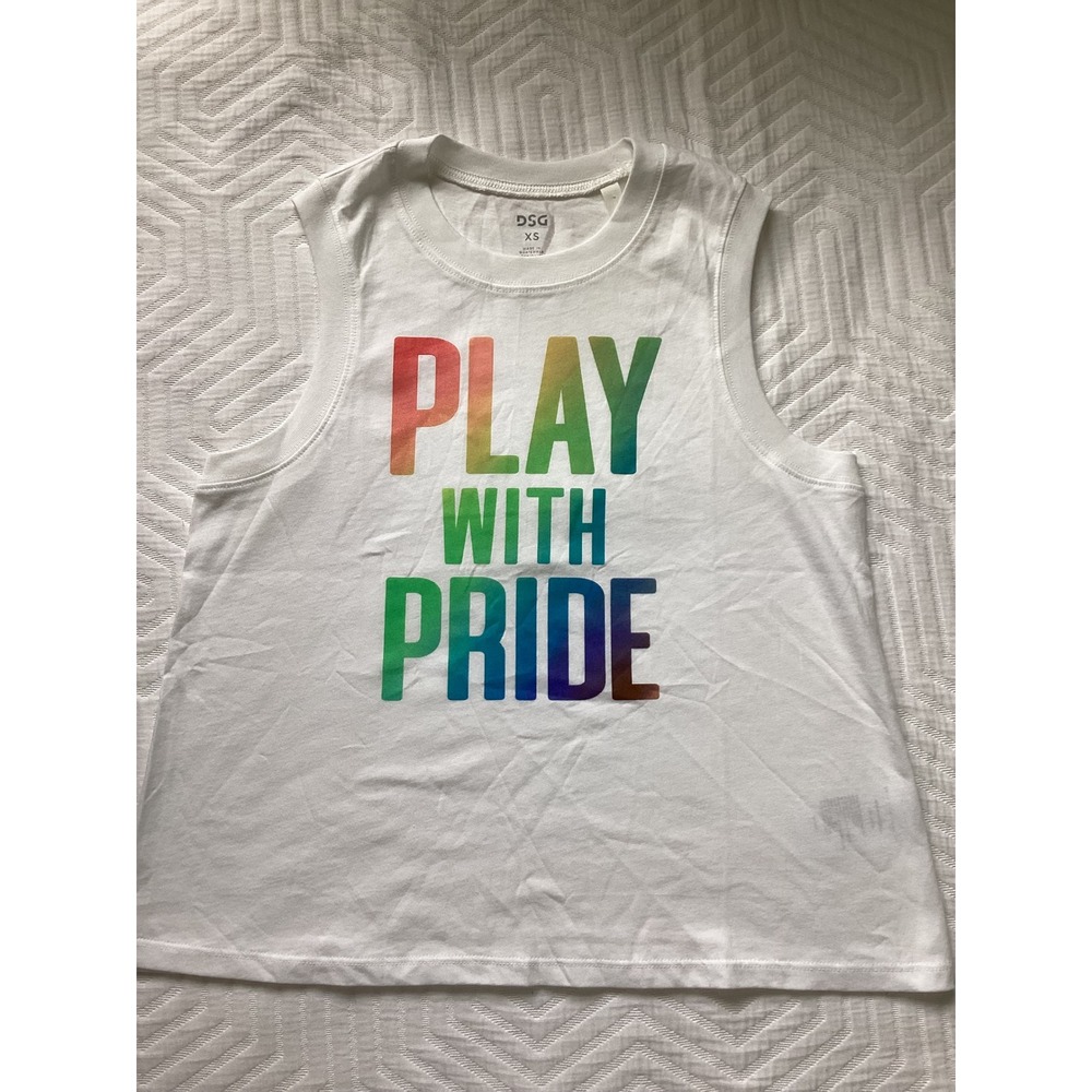 DSG Women's XS White Play With Pride Rainbow‎ Graphic Tank Top Sleeveless